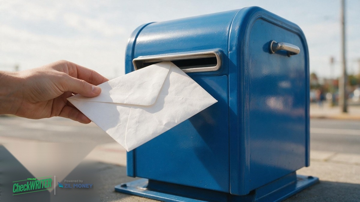 Is It Safe to Mail a Check – Hero Image Hand mailing a check envelope into a blue USPS collection box, illustrating how to mail a check safely and avoid check washing fraud