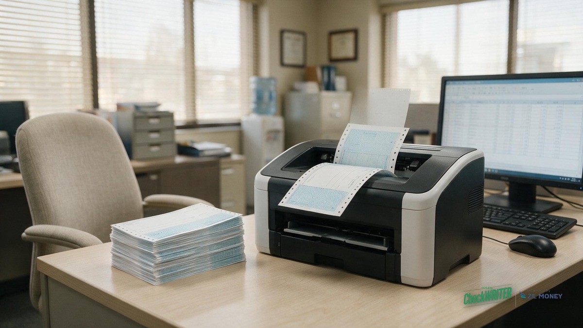MICR Line Batch Printing Kansas City School District Hero v2 School district finance office printing a batch of business checks on blank check stock