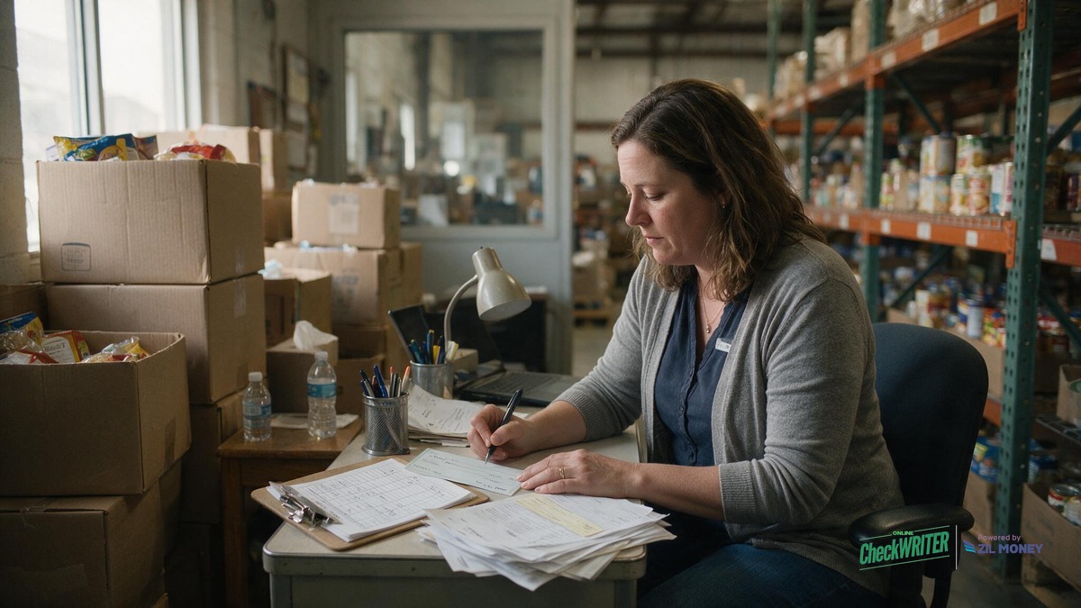Online Check Writer Tulsa Food Bank Vendor Check and Mileage Reimbursement Operations coordinator at a Tulsa food bank writing a check at a desk surrounded by donated food boxes, with the OnlineCheckWriter Powered by Zil Money logo in the corner