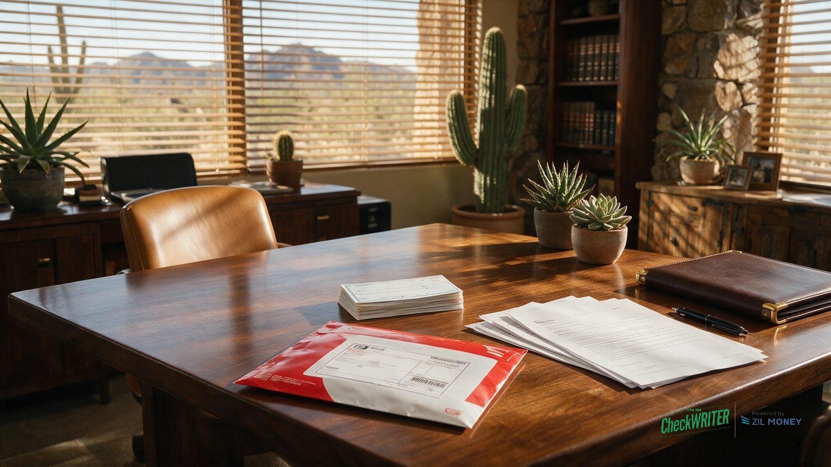 Overnight Check Delivery Tucson Title Company Hero v2 Tucson title company desk with prepared checks and an overnight shipping envelope