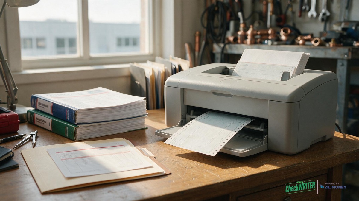 Pay by Check: Indianapolis HVAC and Plumbing Contractor Laser printer mid-print with a business check on blank stock, HVAC and plumbing parts and copper fittings in the background, at an Indianapolis contractor's office desk
