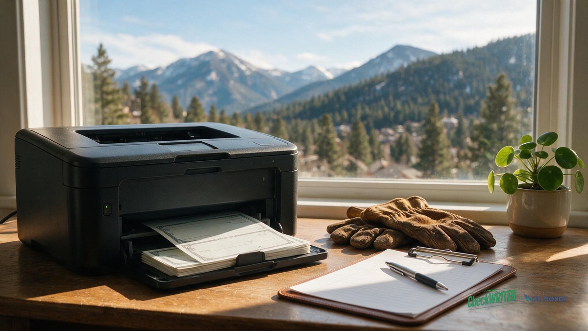 Print Business Checks Online for Vendors and Crew Payroll – Denver Landscaping Laser printer printing a business check on blank check stock in a Denver landscaping company office with a mountain view