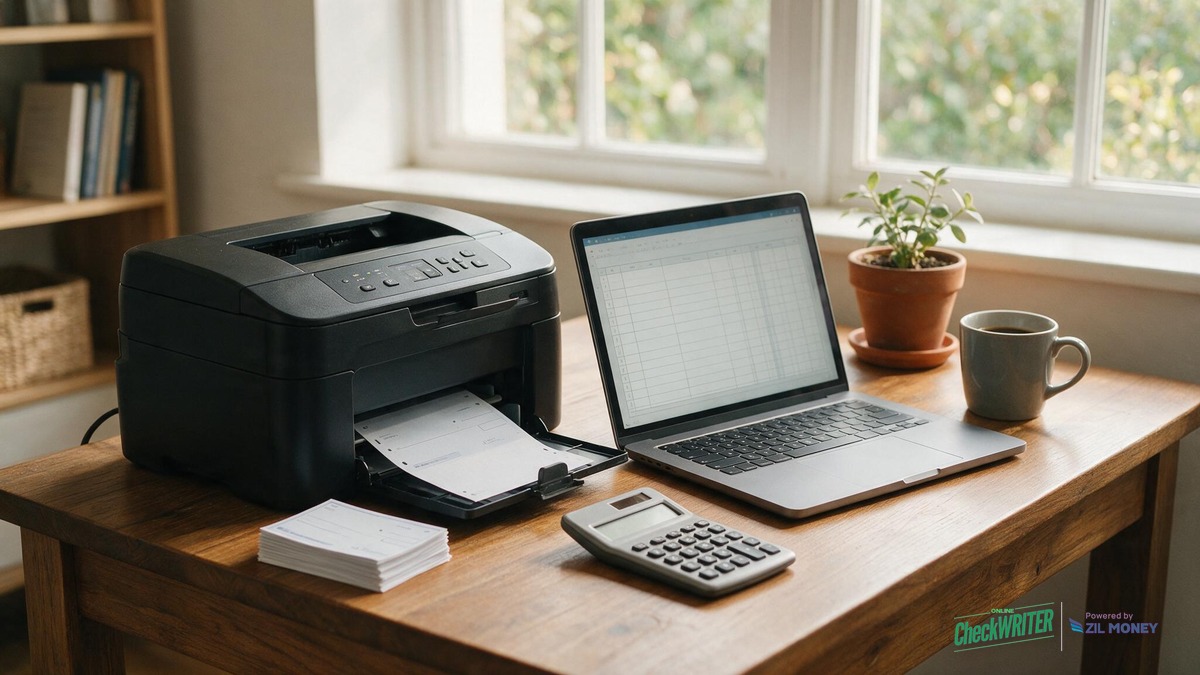 Print Checks at Home for Multiple Clients – Missoula Bookkeeping Practice Hero Home office desk with a laser printer feeding a blank check, laptop with a ledger spreadsheet, calculator, and coffee mug, representing a bookkeeping practice printing checks at home