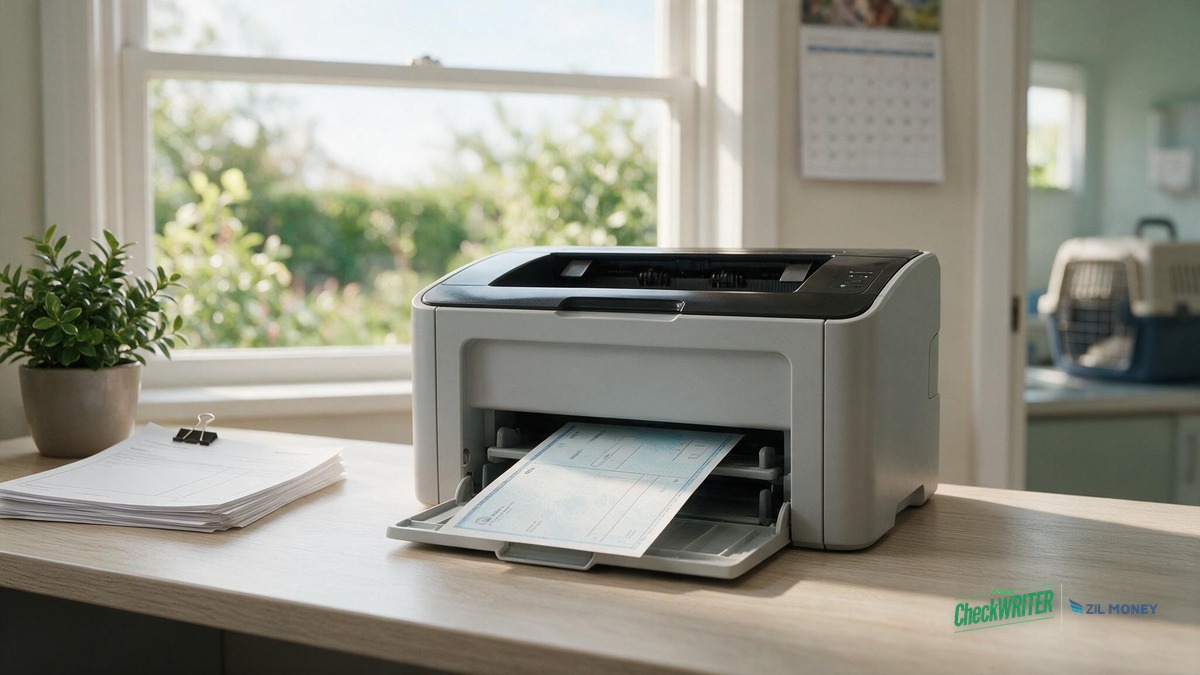 Printable Checks: Nashville Veterinary Clinic Laser Printer MICR Check Laser printer producing a MICR-compliant business check on blank check stock at a Nashville veterinary clinic front desk