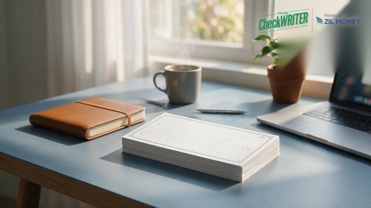 QuickBooks Check Printing Template Hero QuickBooks check printing template with the new OnlineCheckWriter, powered by Zil Money, logo on a desk scene with a blank check stack