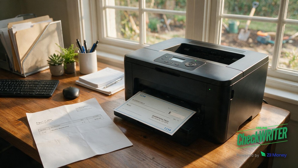 Sacramento landscaping company printing a check at home A Sacramento landscaping business owner printing a check at a home office desk with blank check stock and a laser printer