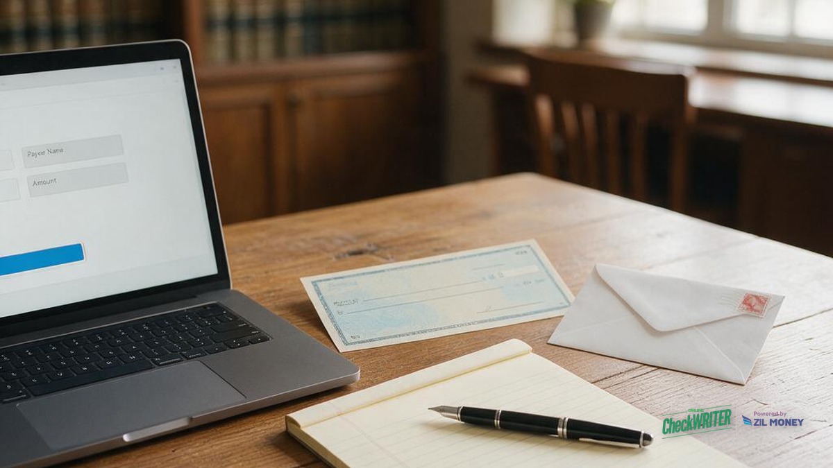 Sending a check online from a Des Moines law firm desk Laptop, printed check, envelope, and legal pad on a law office desk, illustrating how to send a check online