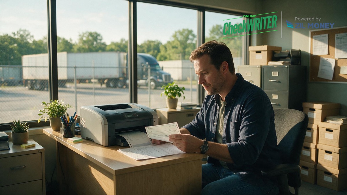 Trucking company back office printing driver settlement check in Atlanta Georgia Trucking company dispatch office employee printing a driver settlement check on a laser printer, Atlanta Georgia trucking yard visible through window