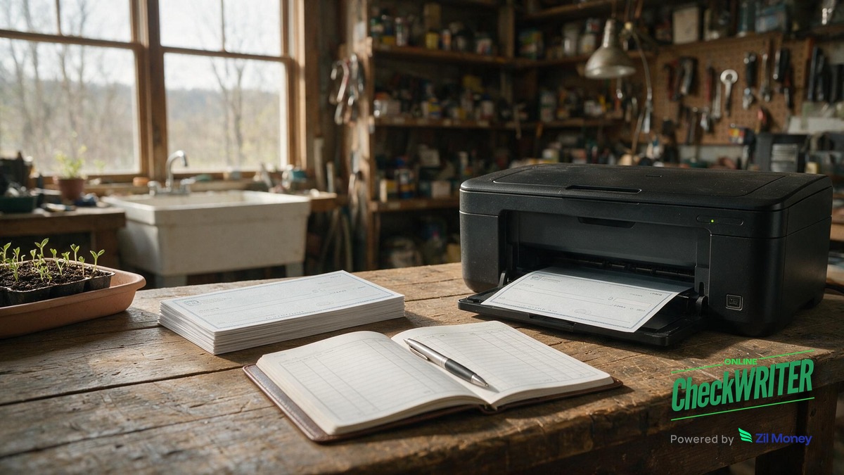 Walmart Checks Online Seasonal Business Fit Check Hero Laser printer producing a blank business check on a wooden desk in a seasonal hardware and garden store back office, with a check register, pen, and seedling tray nearby