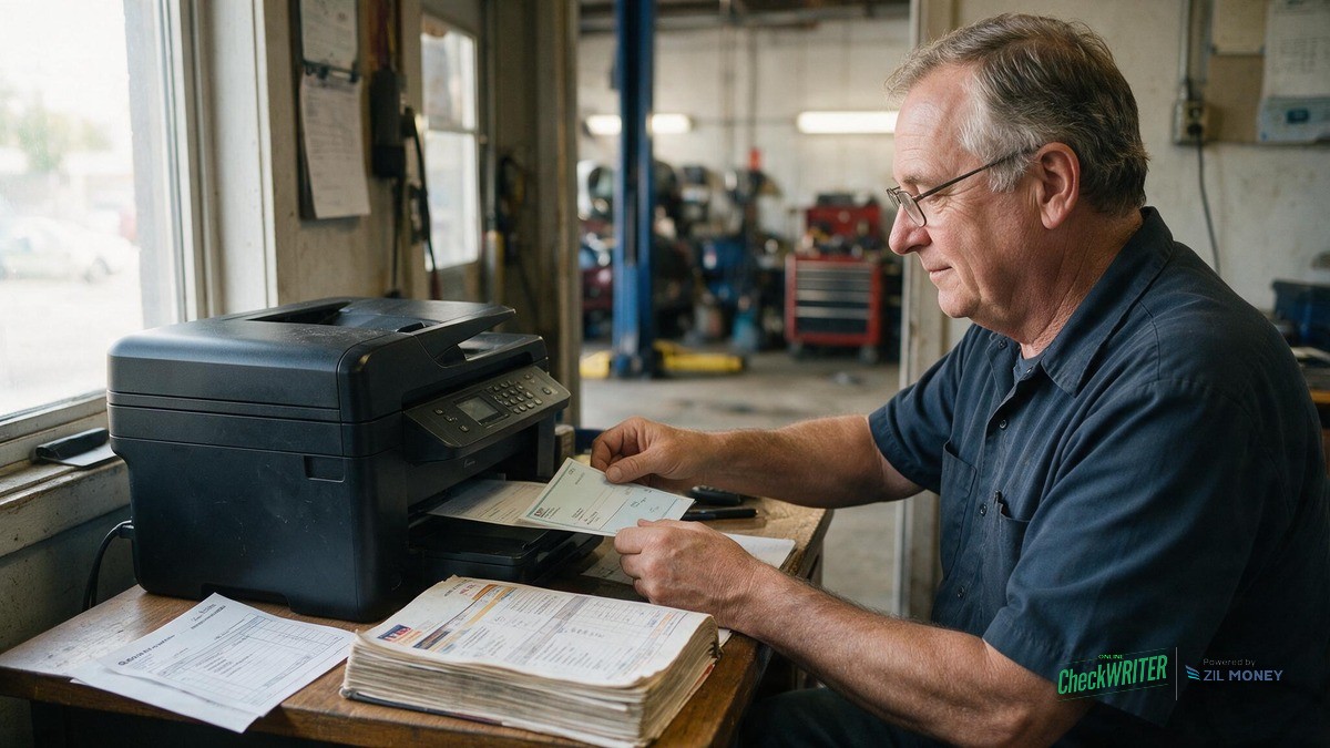 Wells Fargo Checks Indianapolis Auto Shop Hero v2 Indianapolis auto repair shop owner printing a business check at a desk near the garage bay