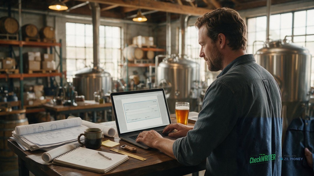 check-design-pennsylvania-brewery-hero A craft brewery owner reviewing a business check design on a laptop inside a Pennsylvania brewery