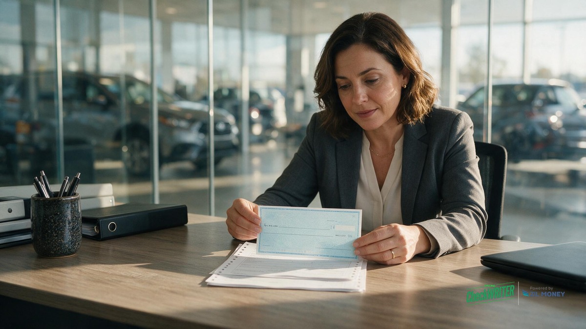 Auto dealership finance manager reviewing a check in Salt Lake City showroom office Auto dealership finance manager reviewing a bank check at a desk with a Salt Lake City showroom visible in the background