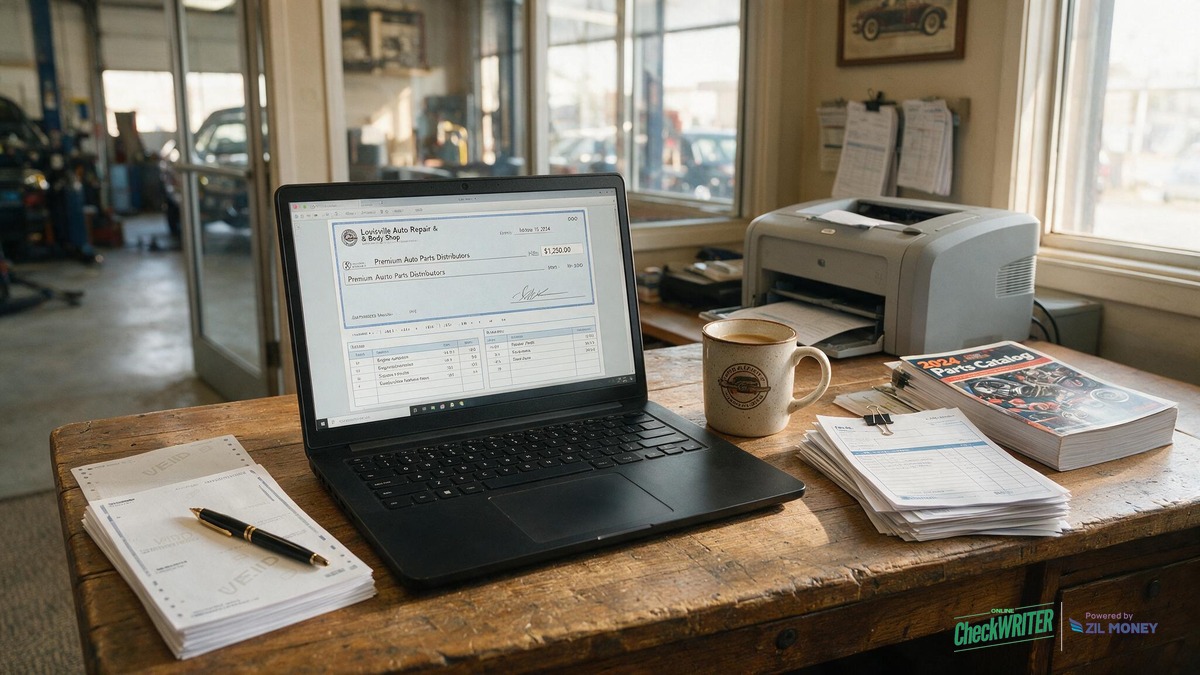 Writing Checks Online Louisville Auto Repair Shop Hero Louisville auto repair shop office desk with a laptop showing a printed business check, blank check stock, and a laser printer for writing checks online