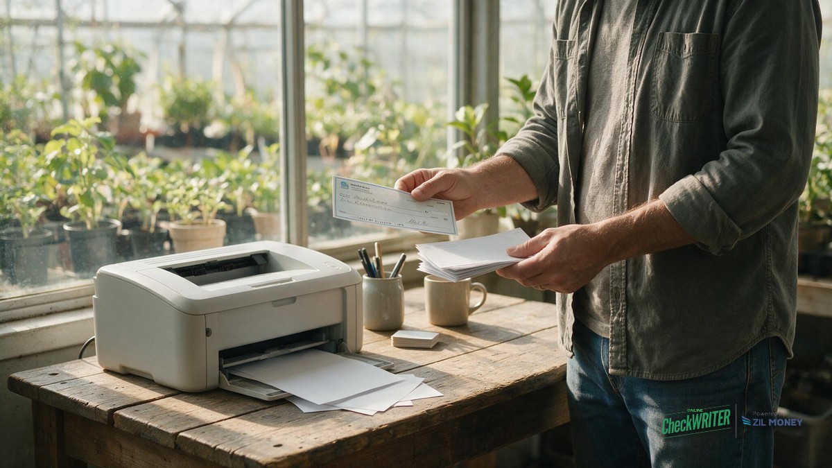 Cheap Online Checks Boise Idaho Landscaping A Boise, Idaho landscaping business owner printing a business check next to a home laser printer and blank check stock