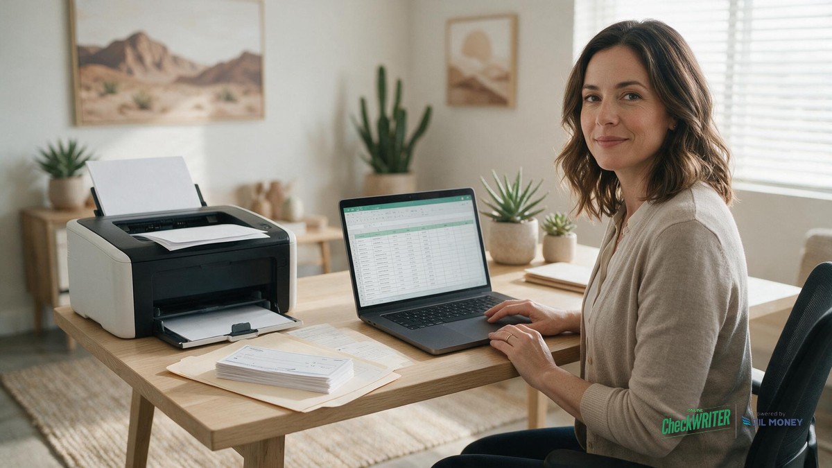 Check Printer Tucson Property Management A Tucson property management office manager reviewing rental accounts with a laser printer and stack of checks nearby
