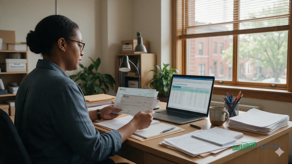 Cheque Writing Service for a Cleveland Nonprofit’s Grant Disbursements Nonprofit finance staff member reviewing a batch of grant disbursement checks at a desk in an office