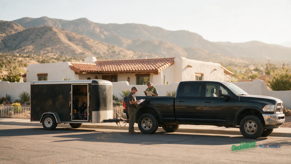 Landscaping crew truck reviewing vendor and payroll checks in Albuquerque, NM Landscaping crew truck and trailer parked outside a home in Albuquerque, New Mexico, with crew reviewing paperwork for vendor and payroll checks
