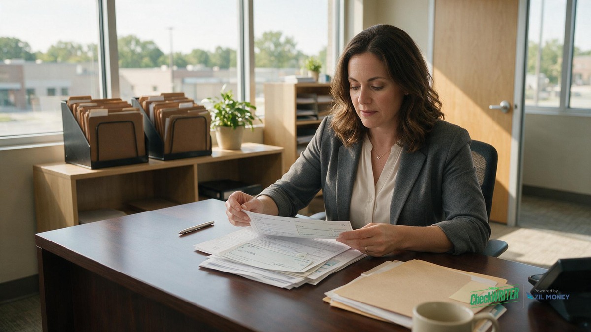 Property manager reviewing owner disbursement and vendor checks in Omaha, NE office Property management office professional reviewing owner disbursement and vendor checks at a desk in an Omaha, Nebraska office