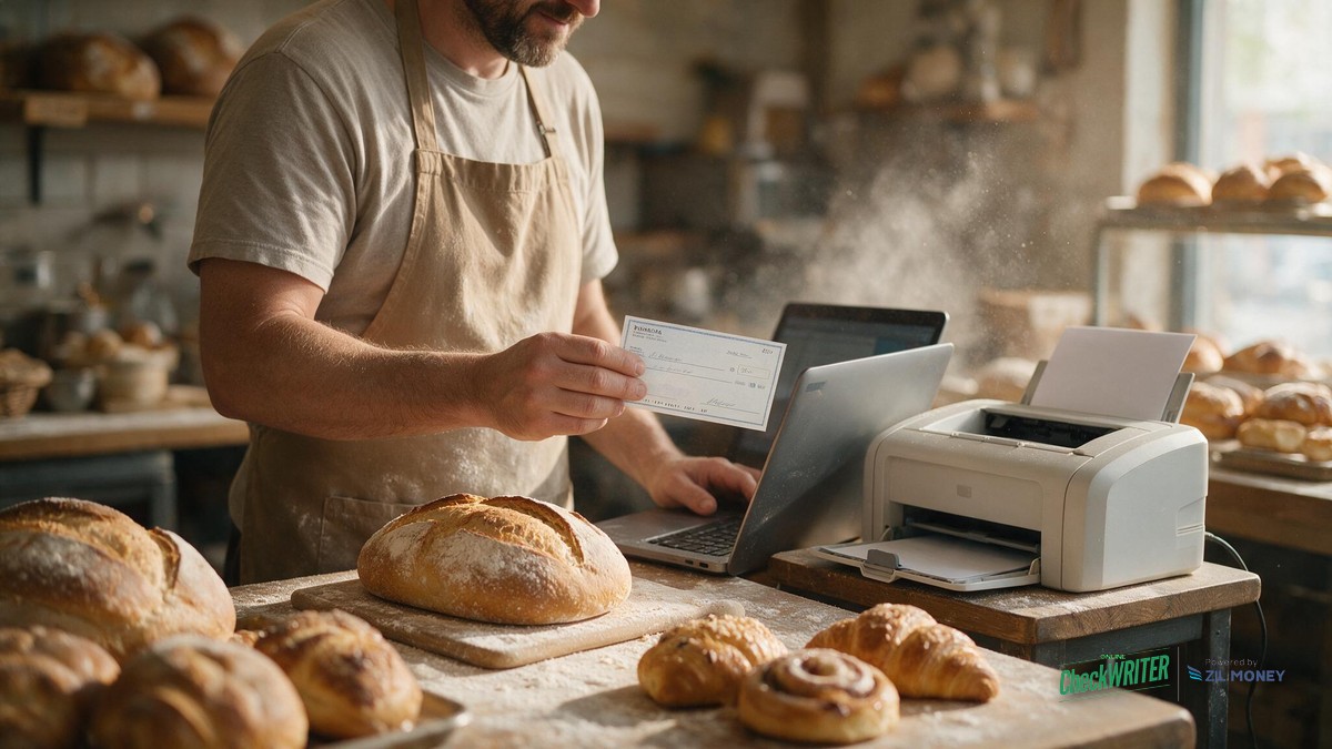 Wells Fargo Check Template Richmond Bakery A Richmond, Virginia bakery owner holding a printed Wells Fargo business check near a laptop and home printer