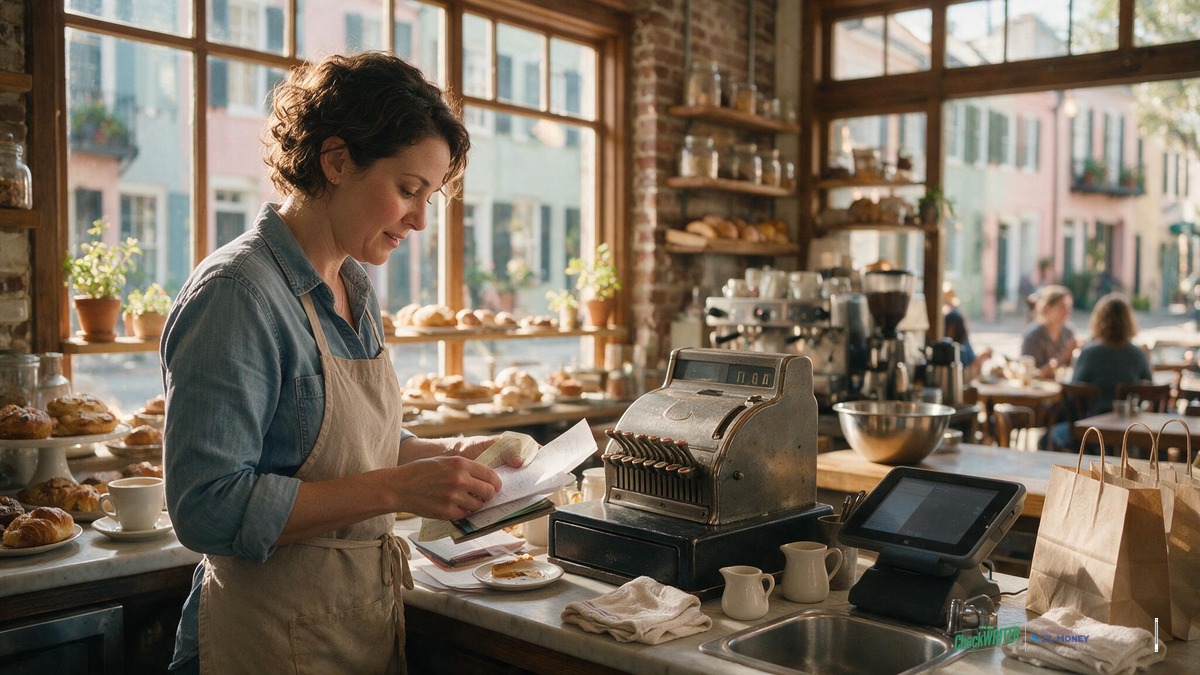Wells Fargo Counter Check: Charleston Bakery Owner at Counter Bakery and cafe owner in Charleston, South Carolina reviewing a checkbook at the counter, illustrating a Wells Fargo counter check scenario
