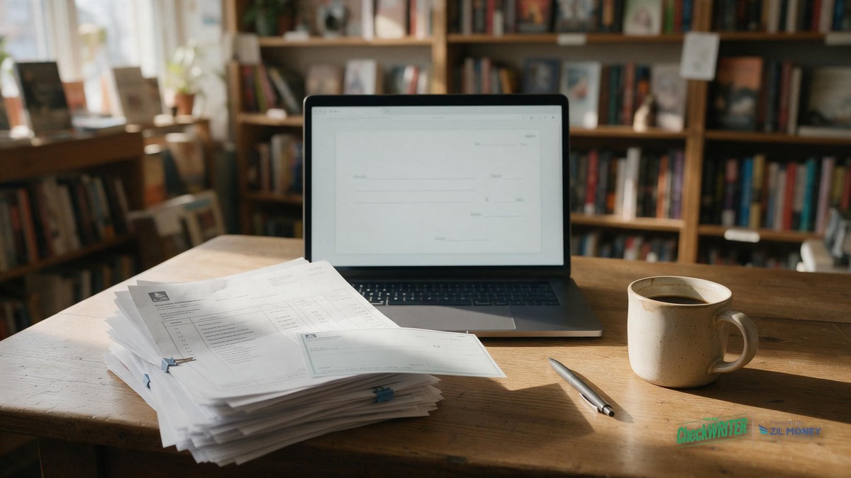 Write a Check Online Burlington Vermont Bookstore Hero Independent bookstore back office desk in Burlington, Vermont with a laptop open to write a check online, a check on blank check stock, a stack of vendor invoices, and a cup of coffee, with bookshelves in the background
