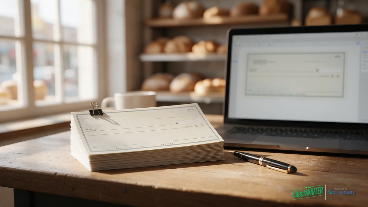 design-a-check-online-sioux-falls-bakery-hero Stack of blank business checks and a pen on a wooden bakery counter, with a laptop showing a check design layout and fresh bread on shelves in the background