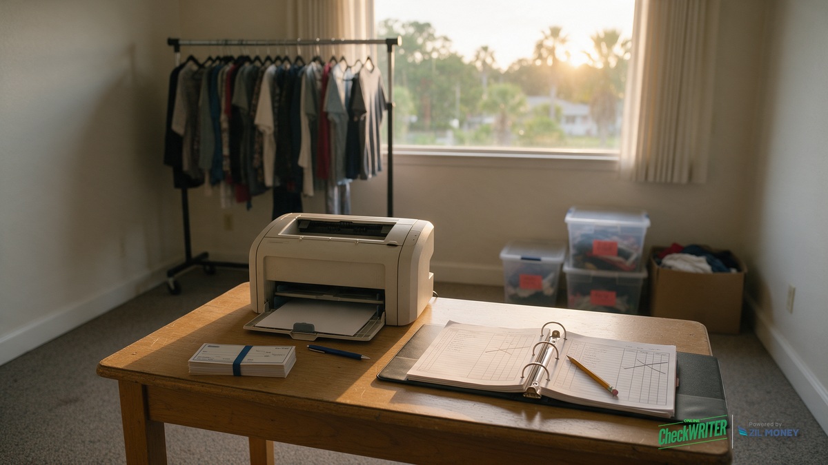 editable-check-template-tallahassee-thrift-store-hero A printer with a stack of blank checks and an open ledger binder on a desk in a thrift store back office, with a clothing rack and donation bins in the background