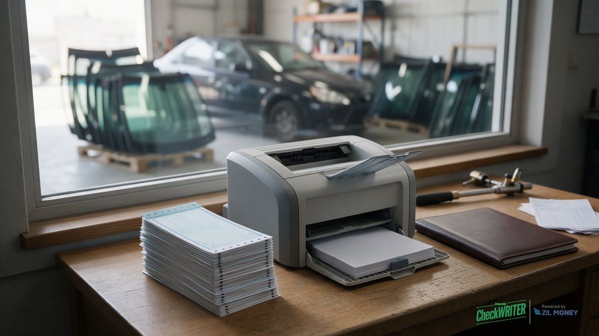 print-checks-regular-paper-fort-wayne-auto-glass-hero A laser printer loaded with blank check stock on a workbench inside an auto glass repair shop, with windshields and a car visible in the bay through a window