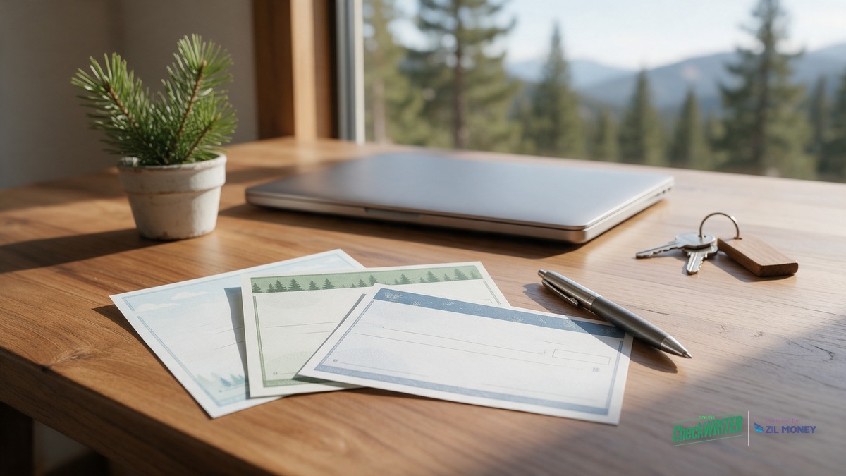 Check design for multiple accounts Flagstaff hero Wooden desk in a mountain-town rental office with three blank checks fanned out in different color tones, a pen, a laptop, and a key tag beside a pine sprig