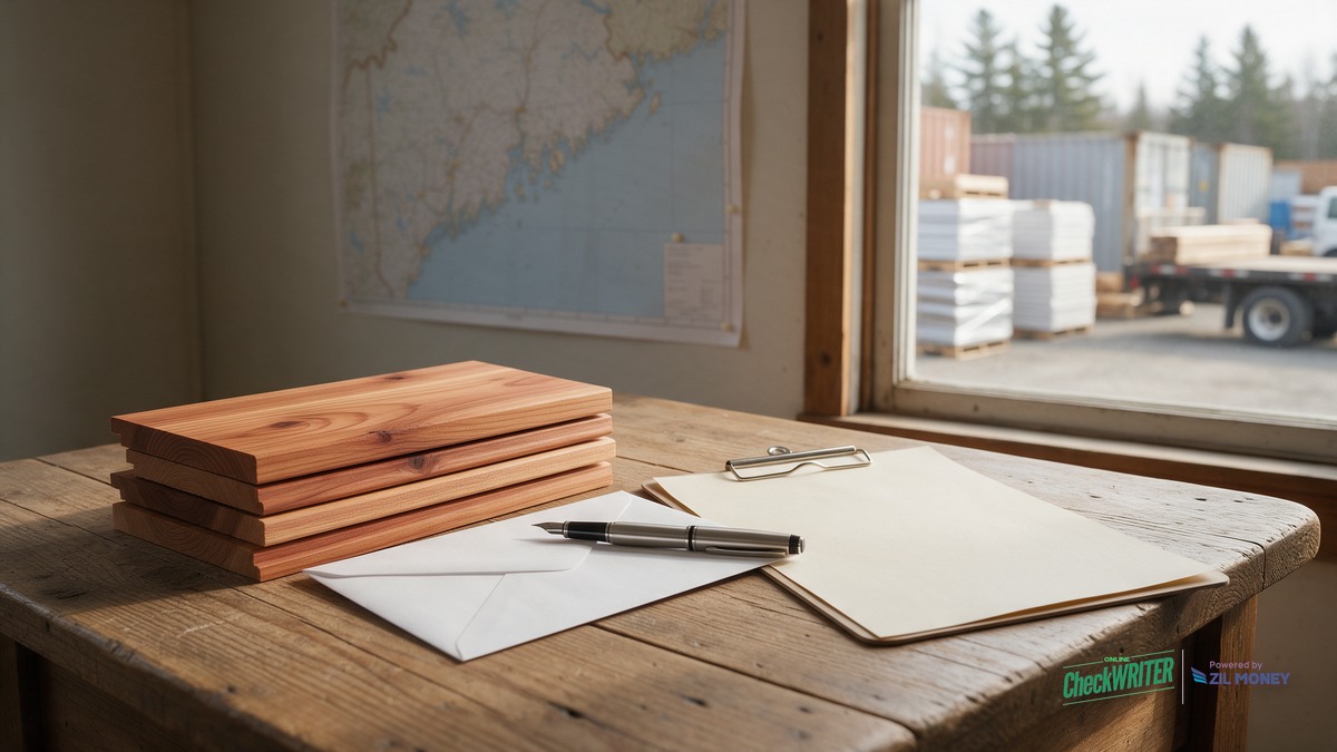 Mail a check online to Canada Bangor lumber hero Rustic desk with stacked cedar trim boards, a sealed envelope with a fountain pen, and a clipboard, with a lumber yard visible through the window