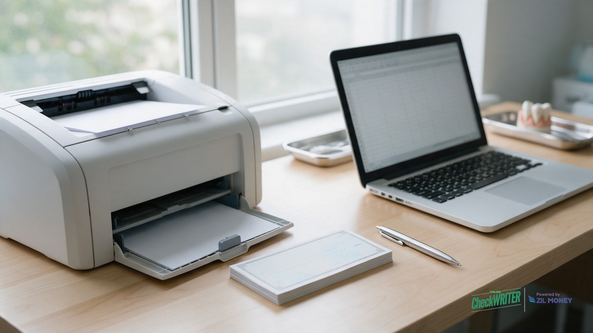Print a check from your bank account online hero Small office desk with a laser printer, a stack of blank check stock, a pen, and a laptop with a spreadsheet, with a dental model tray in the background
