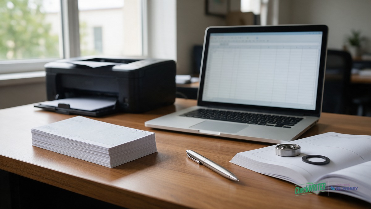 Business check ordering online Sioux City distributor hero Office desk with a stack of blank check stock, a laser printer, a laptop spreadsheet, a pen, and a bearing on a parts catalog