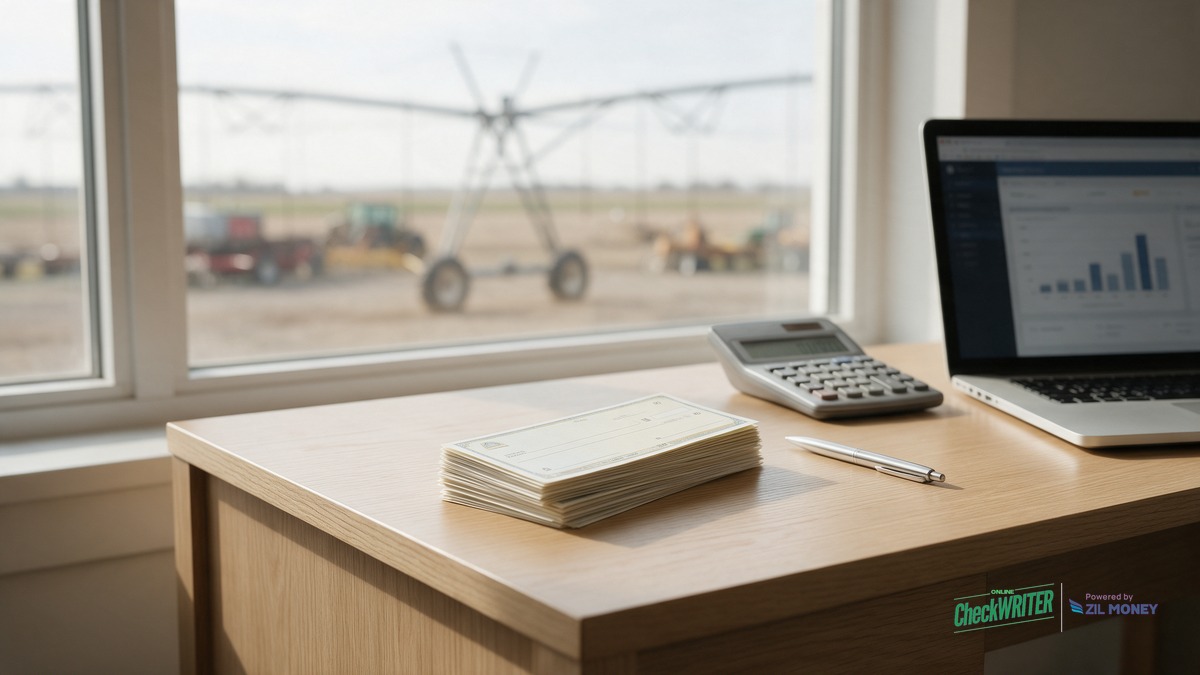 Positive pay implementation checklist hero Desk with a stack of blank business checks, a pen, a calculator, and a laptop, with a center-pivot irrigation system visible through the window