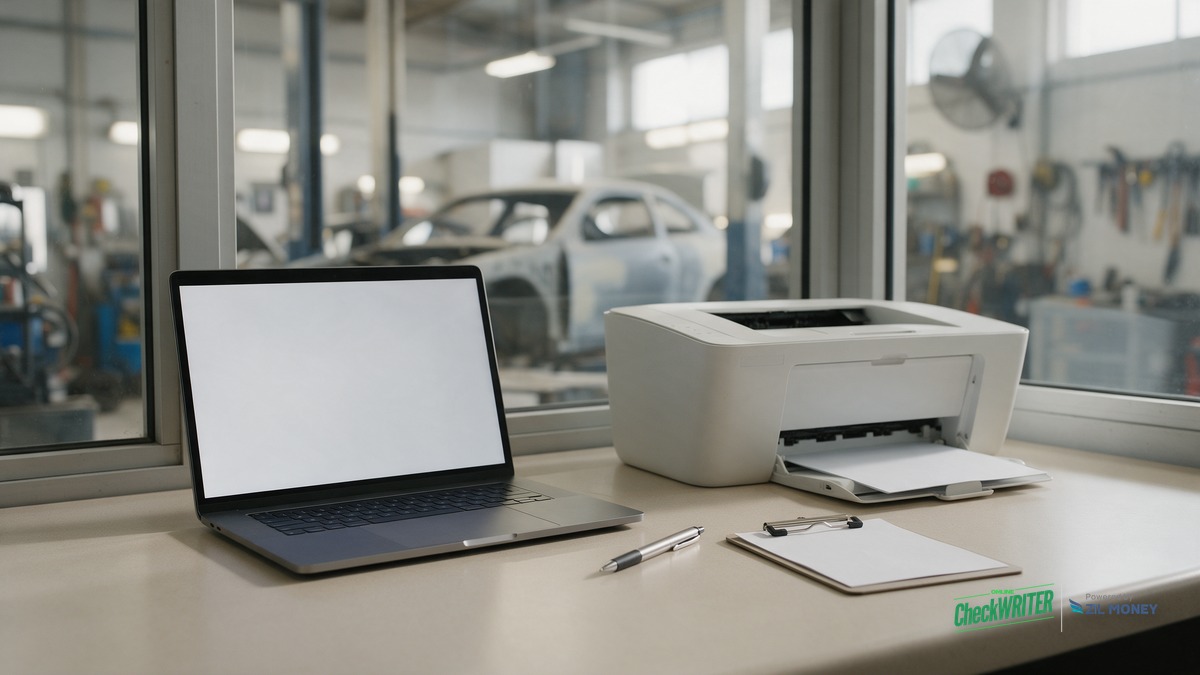 Send e check Joplin auto body shop hero Auto body shop front office with a laptop, a printer holding a plain sheet of paper, a pen, and a clipboard, with a car in primer in the repair bay behind