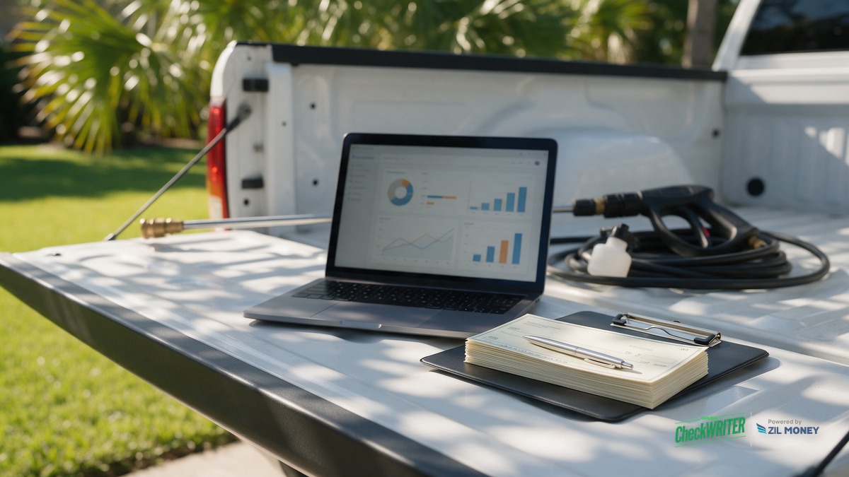 Wave accounting integrations Gainesville hero Truck tailgate in Florida sunlight with a laptop showing an accounting dashboard, a stack of blank checks with a pen on a clipboard, and a pressure washer wand and hose beside it
